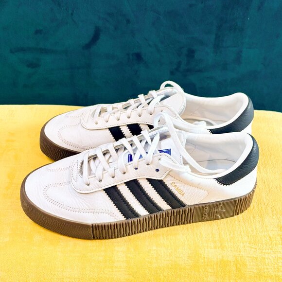 Adidas Sambarose Platform Sneakers - White w/ Black Stripes and Brown Gum Sole - Picture 2 of 10